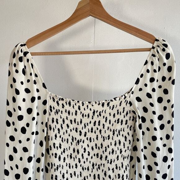 REFORMATION Reign Ink Blot Polkadot Fitted Shirred Top Bodycon Sz 8 Coquette - Picture 5 of 9